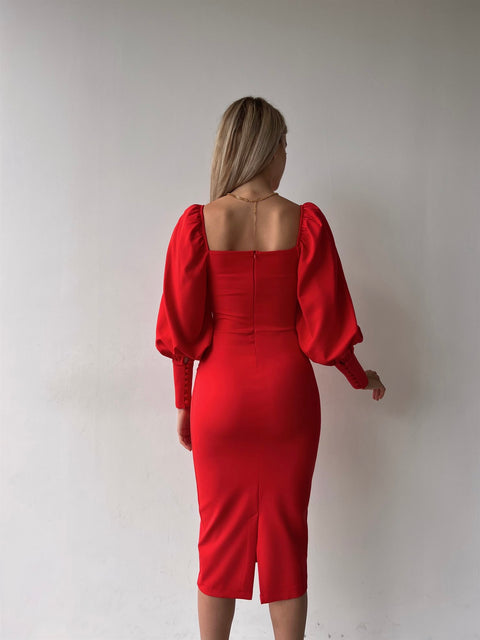 Button Detailed Midi Length Red Pencil Dress