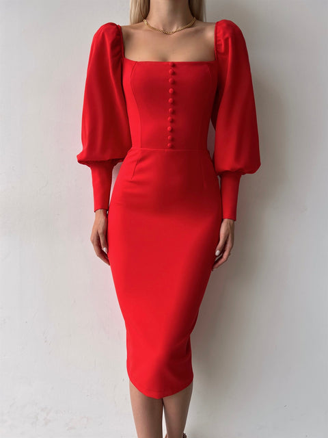 Button Detailed Midi Length Red Pencil Dress
