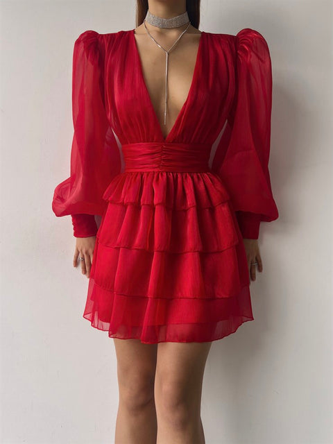 Crown V-Neck Long Tulle Sleeve Red Dress