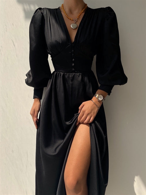Viktoria Women Long Sleeve Black Satin Dress