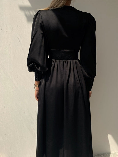 Viktoria Women Long Sleeve Black Satin Dress