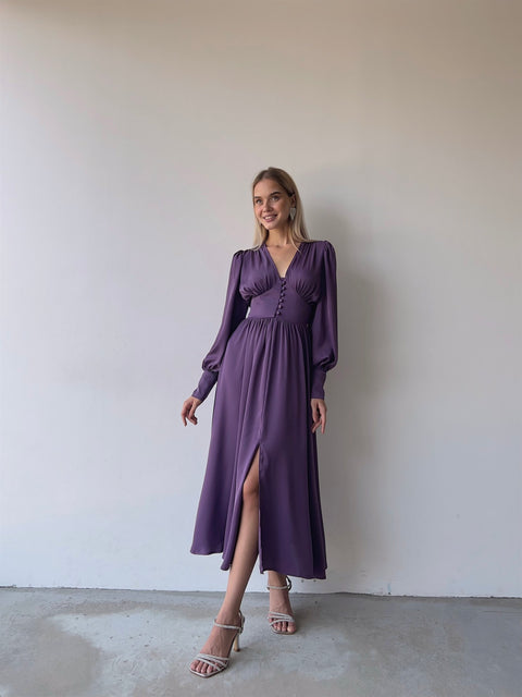 Viktoria Women Long Sleeve Purple Satin Dress