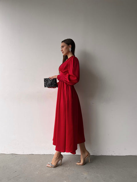 Viktoria Women Long Sleeve Red Satin Dress