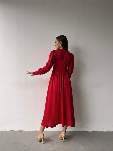 Viktoria Women Long Sleeve Red Satin Dress