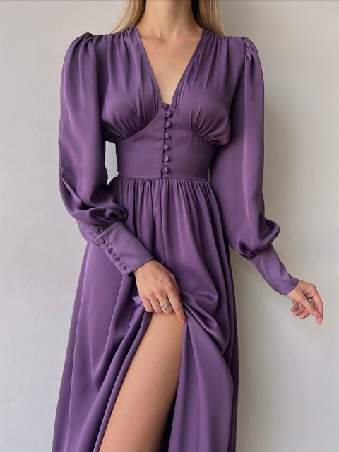 Viktoria Women Long Sleeve Purple Satin Dress